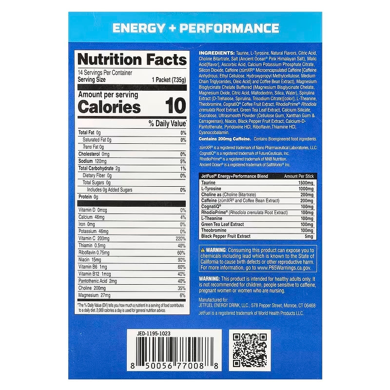 JetFuel Energy Sticks 14/pack - Solución Energética Portátil con Cafeína y Vitaminas B para Enfoque y Resistencia sin Azúcar