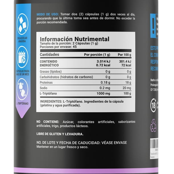 B Life Pure Tryptophan 500 mg 180 cápsulas - información nutrimental