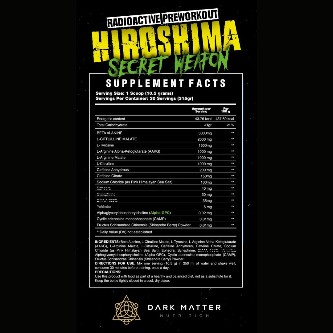 HIROSHIMA SECRET WEAPON 30 sv Pre Entreno En Polvo  para Rendimiento Deportivo y Energía.