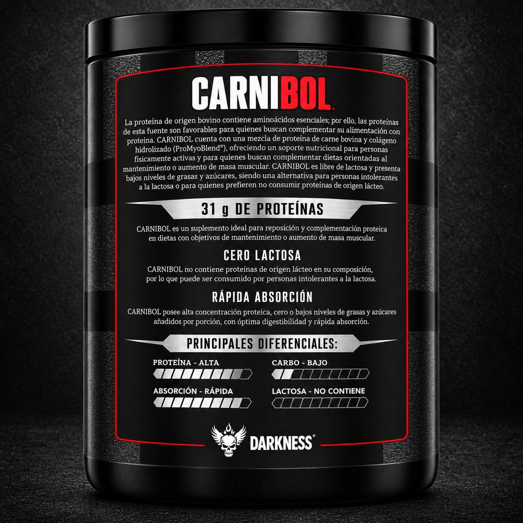 Darkness Carnibol 900g Darkness -- Proteína Bovina en Polvo Sabor Vainilla con Colágeno Hidrolizado 31g de Proteína por Porción