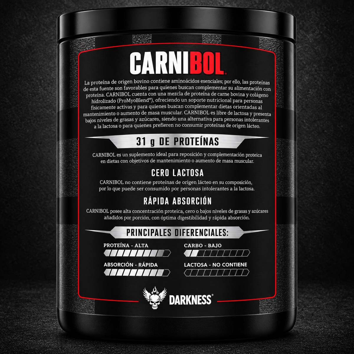 Darkness Carnibol 900g Darkness -- Proteína Bovina en Polvo Sabor Vainilla con Colágeno Hidrolizado 31g de Proteína por Porción