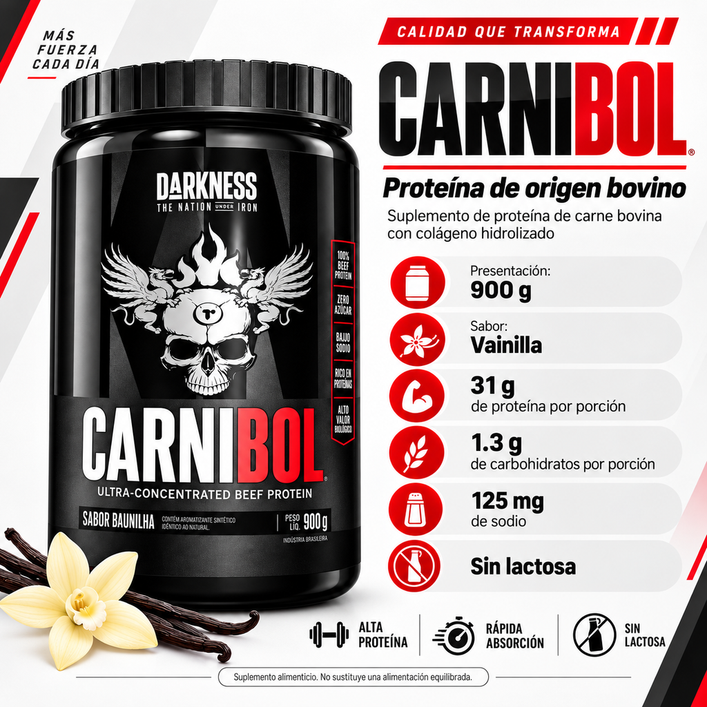 Darkness Carnibol 900g Darkness -- Proteína Bovina en Polvo Sabor Vainilla con Colágeno Hidrolizado 31g de Proteína por Porción