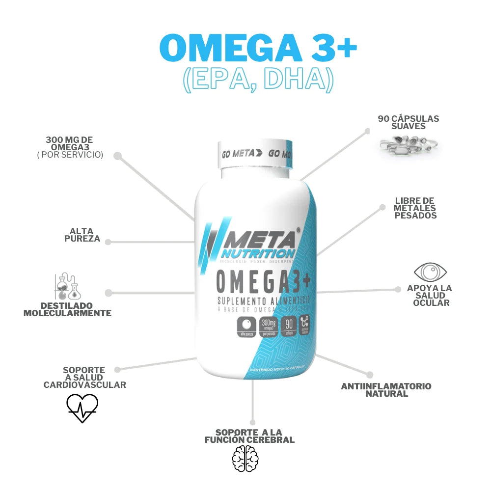 OMEGA 3+ 90 CAPSULAS (Abollado) META NUTRITION  Blandas para Salud Cardíaca y Cerebral con Ácidos Grasos Omega-3