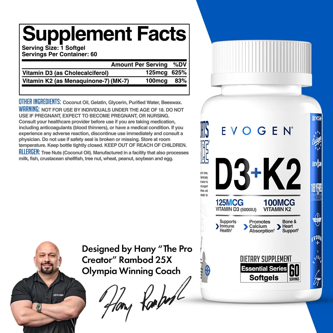 EVOGEN D3 + K2 60 SOFTGELS | VITAMINA D3 125 MCG + VITAMINA K2 100 MCG