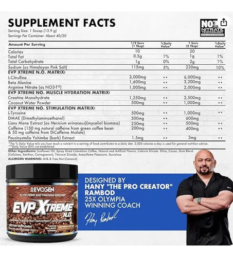 Evogen Nutrition EVP Xtreme N.O. (40/20 Servicios) – Pre-Entreno Élite de Óxido Nítrico, Enfoque y Bombeo