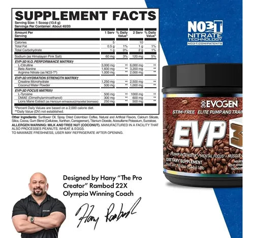 Evogen EVP 3D Stim-Free (40/20 Servicios) – Pre-Entreno Sin Cafeína de Óxido Nítrico, Vascularidad y Bombeo