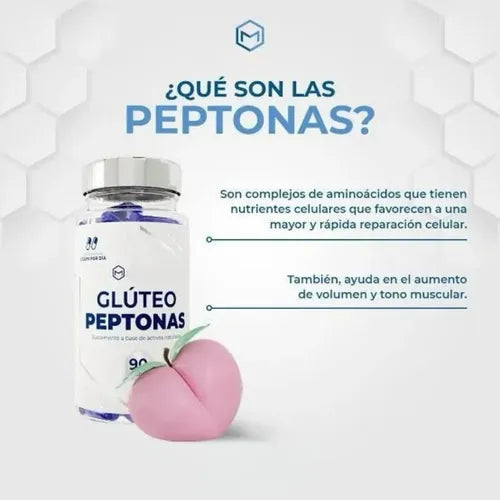 GLUTEO PEPTONAS 90 CAPSULAS -- Mejorar la apariencia de los glúteos contienen péptidos creados a partir de la hidrólisis de proteínas con la acción de las enzimas.