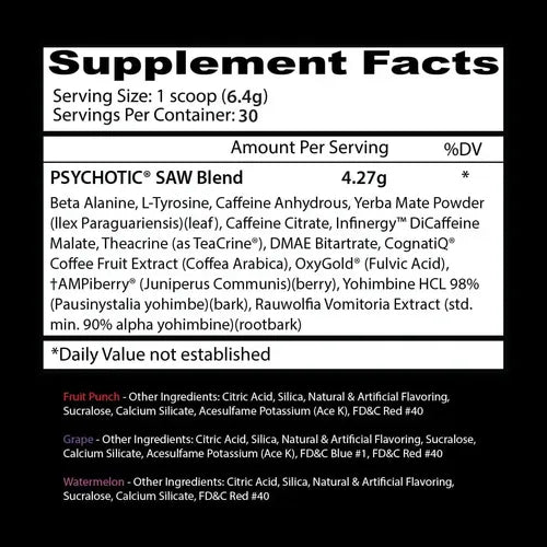 Psychotic Saw Series 30 Serv Insane Labz Pre Entreno En Polvo con TeaCrine y CognatiQ para Rendimiento Deportivo y Energía - Suplemento De Resistencia Fitness