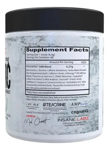 Psychotic Saw Series 60 Servicios Insane Labz  - Suplemento Pre-Entrenamiento con Citrulina Malato y Beta-Alanina para Energía y Resistencia Extrema