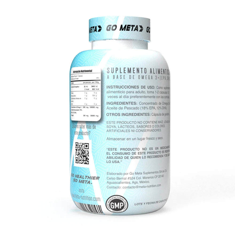 OMEGA 3+ 90 CAPSULAS (Abollado) META NUTRITION  Blandas para Salud Cardíaca y Cerebral con Ácidos Grasos Omega-3