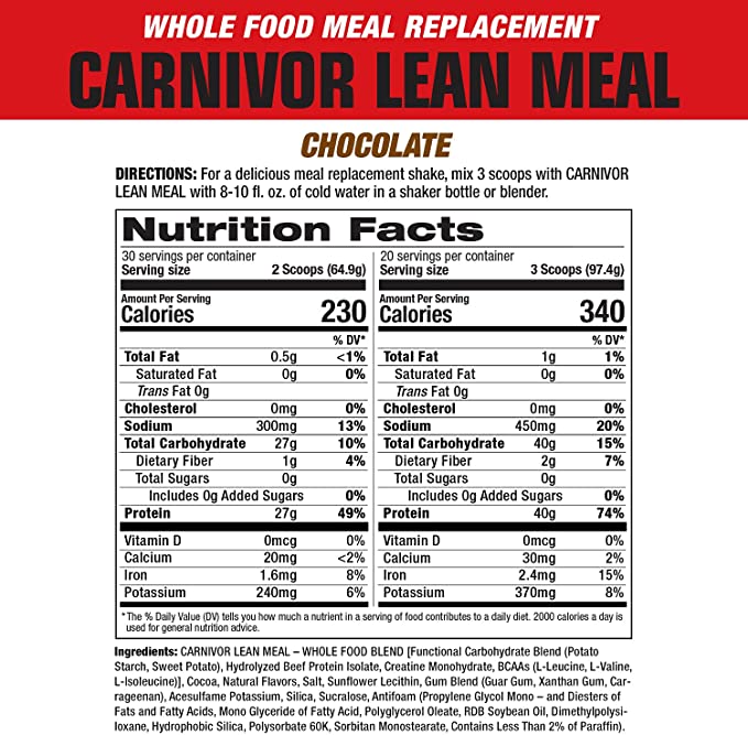 Carnivor Lean Meal Chocolate - información nutrimental