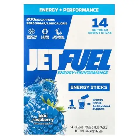 JetFuel Energy Sticks 14/pack - Solución Energética Portátil con Cafeína y Vitaminas B para Enfoque y Resistencia sin Azúcar