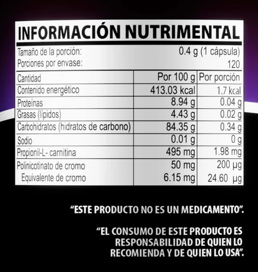 Natural Health Chromium 400 | L-Carnitina + Cromo | 120 Cápsulas