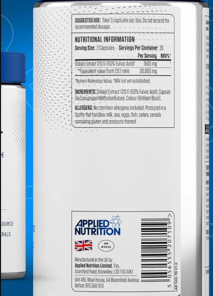 Shilajit 30,000 MG 90 Cápsulas Applied Nutrition Himalaya Health Extracto Natural para Energía y Vitalidad