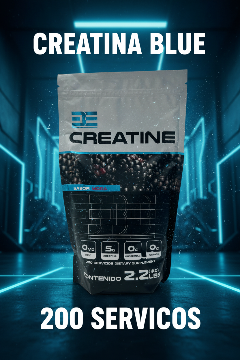 Creatina Blue, bolsa de creatina de 200 servicios sobre fondo azul energético