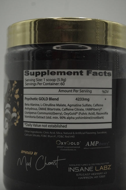 PSYCHOTIC GOLD 60 SERV -- Preentreno en polvo formulado para adultos físicamente activos que buscan complementar su rutina antes de sesiones de entrenamiento.