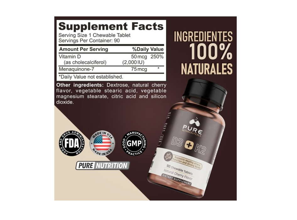 Pure Nutraceuticals Vitamina D3 + K2 | 90 Tabletas | Cherry