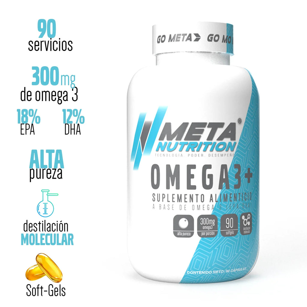 OMEGA 3+ 90 CAPSULAS (Abollado) META NUTRITION  Blandas para Salud Cardíaca y Cerebral con Ácidos Grasos Omega-3