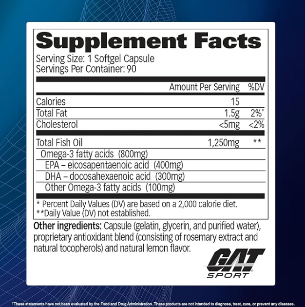 Omega 3 90 Capsulas 800 mg Cápsulas GAT Sport  para Salud Cardiovascular y Rendimiento Deportivo con Propiedades Antiinflamatorias y Cognitivas