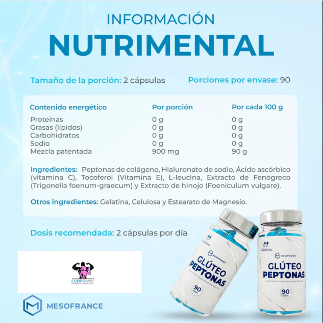 GLUTEO PEPTONAS 90 CAPSULAS -- Mejorar la apariencia de los glúteos contienen péptidos creados a partir de la hidrólisis de proteínas con la acción de las enzimas.
