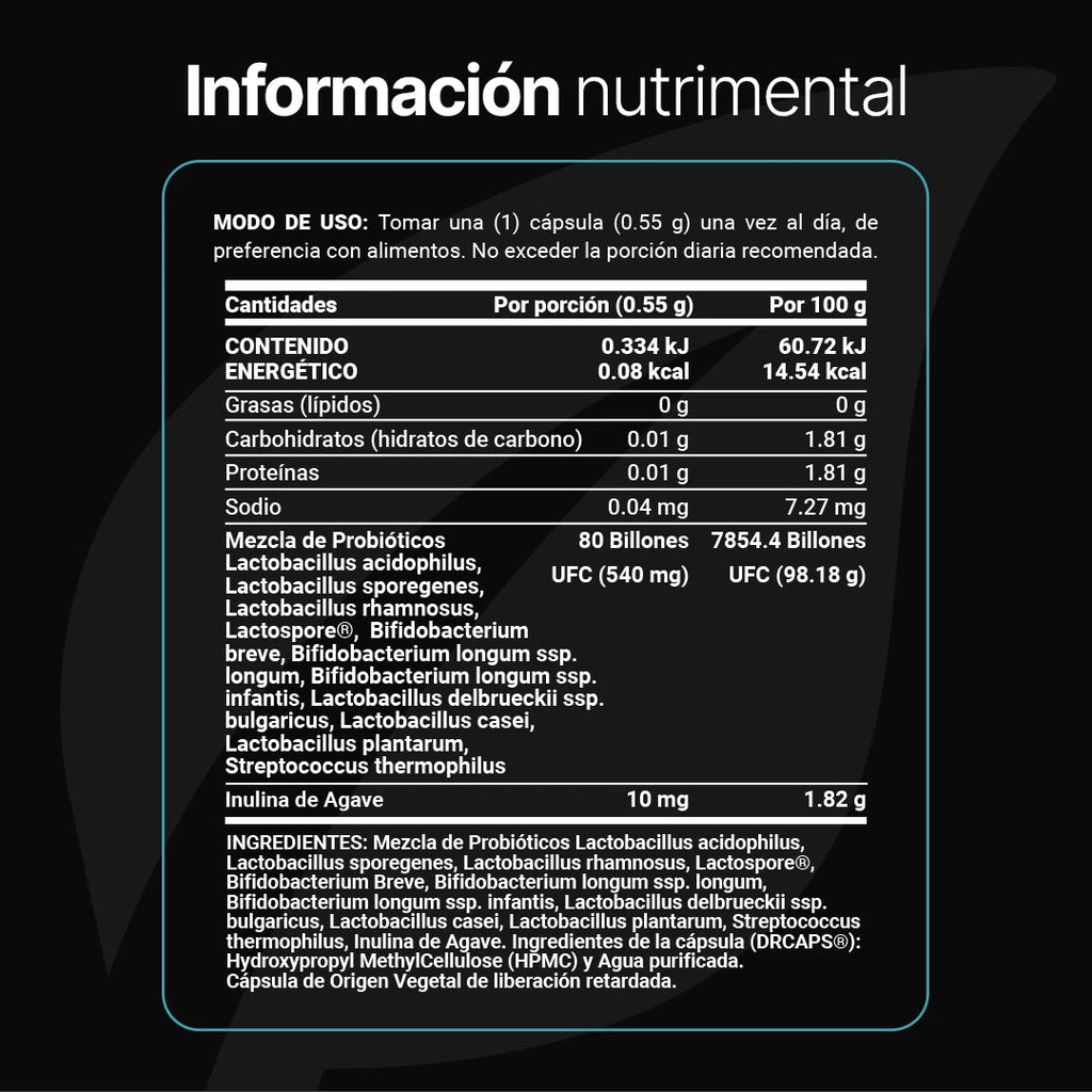 B Life 80 Billion Probiotics - información nutrimental