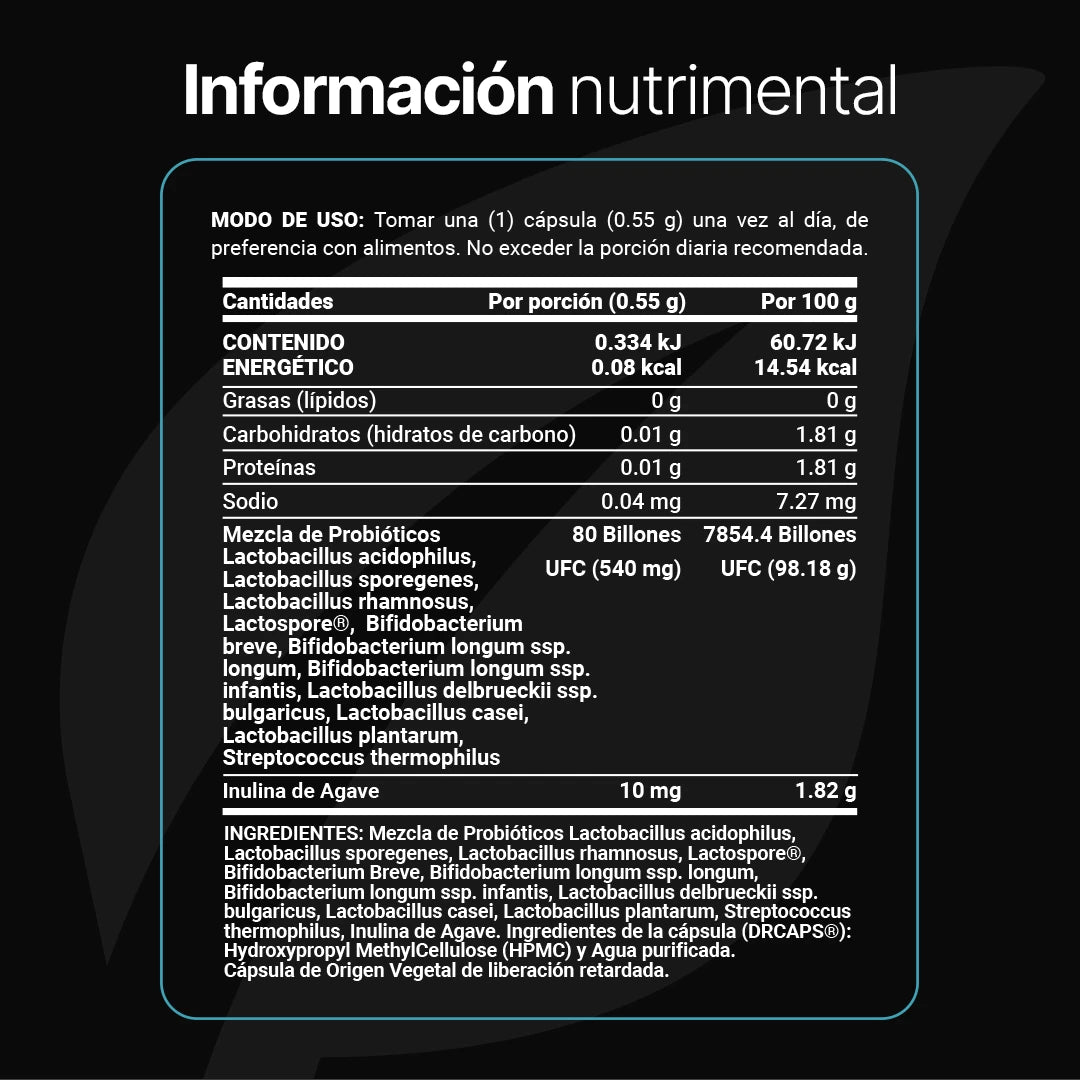 B Life 80 Billion Probiotics - información nutrimental